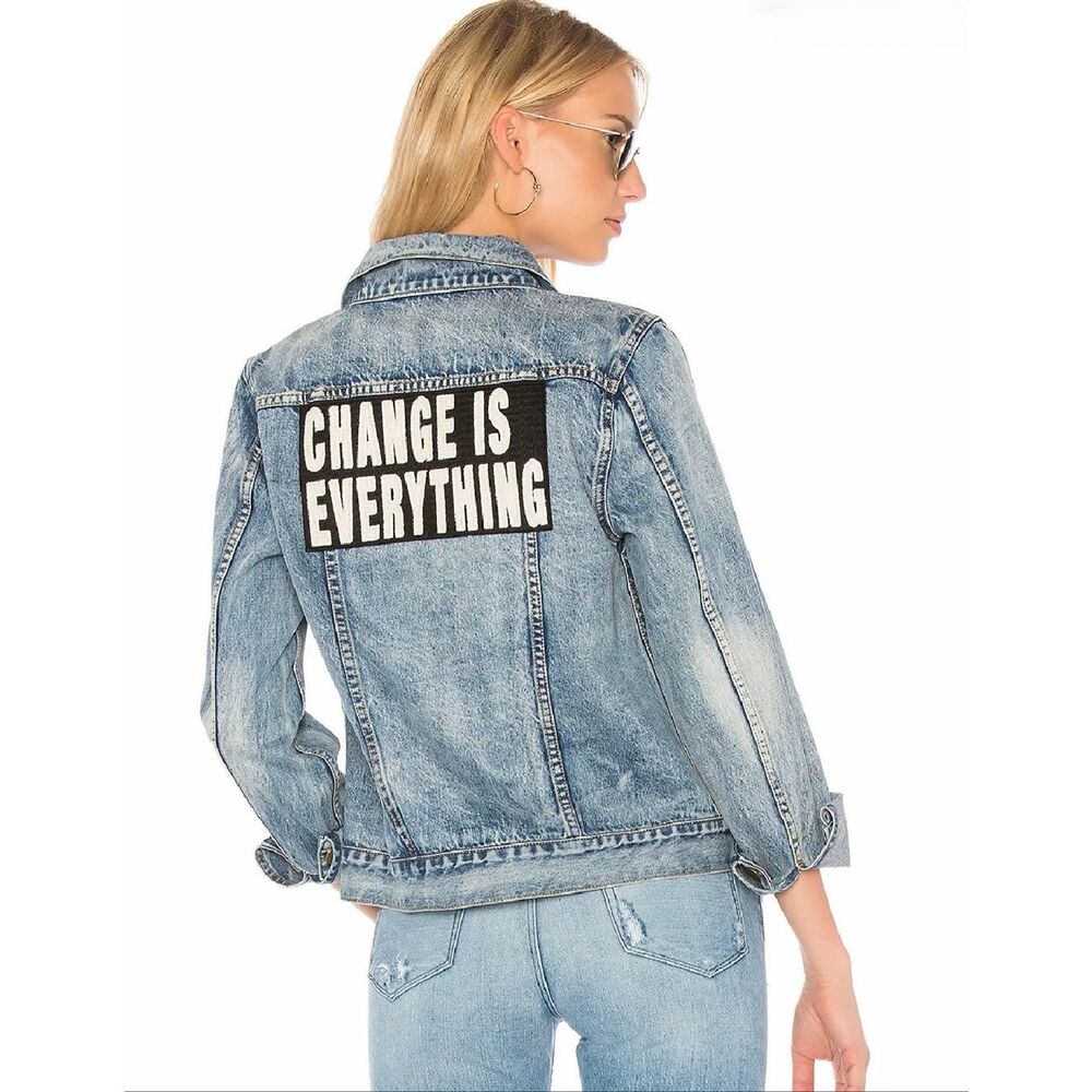 Pam & Gela Statement Embroidered Denim Jacket Vintage Blue Size S